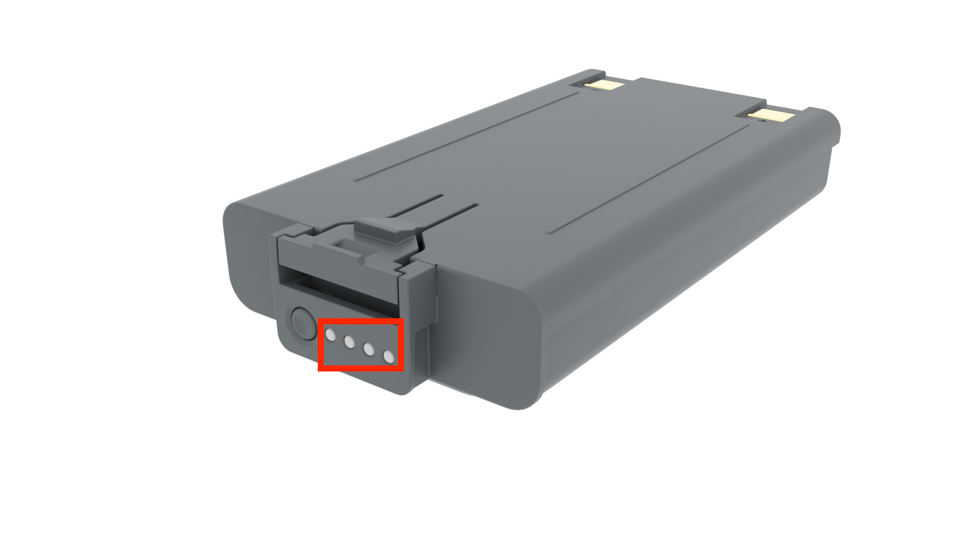 IQ (2nd gen) Battery with its 4 indicator lights highlighted with a red box. The lights are on the side of the Battery below the latch.