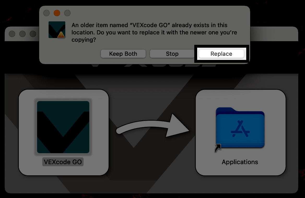 Showing the installation process of VEXcode GO on a Mac, where the user drags the application into the Applications folder and then clicks 'Replace' on the pop-up window that appears, confirming the replacement of the existing application.