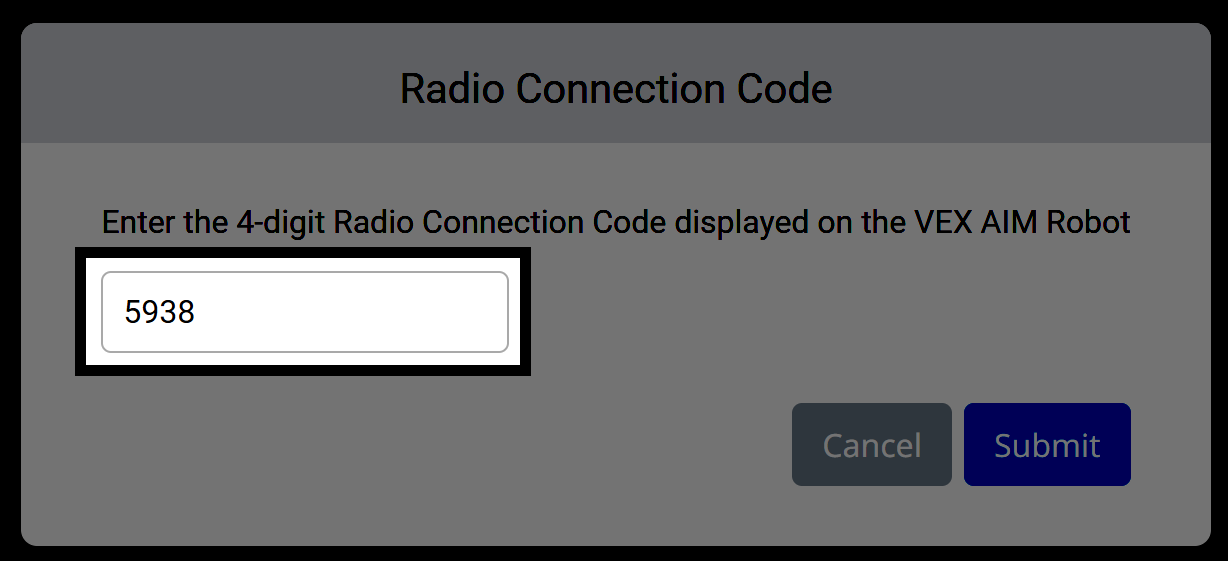 A dialog prompting the user to enter a 4-digit radio connection code, with the code 5938 filled in and highlighted.