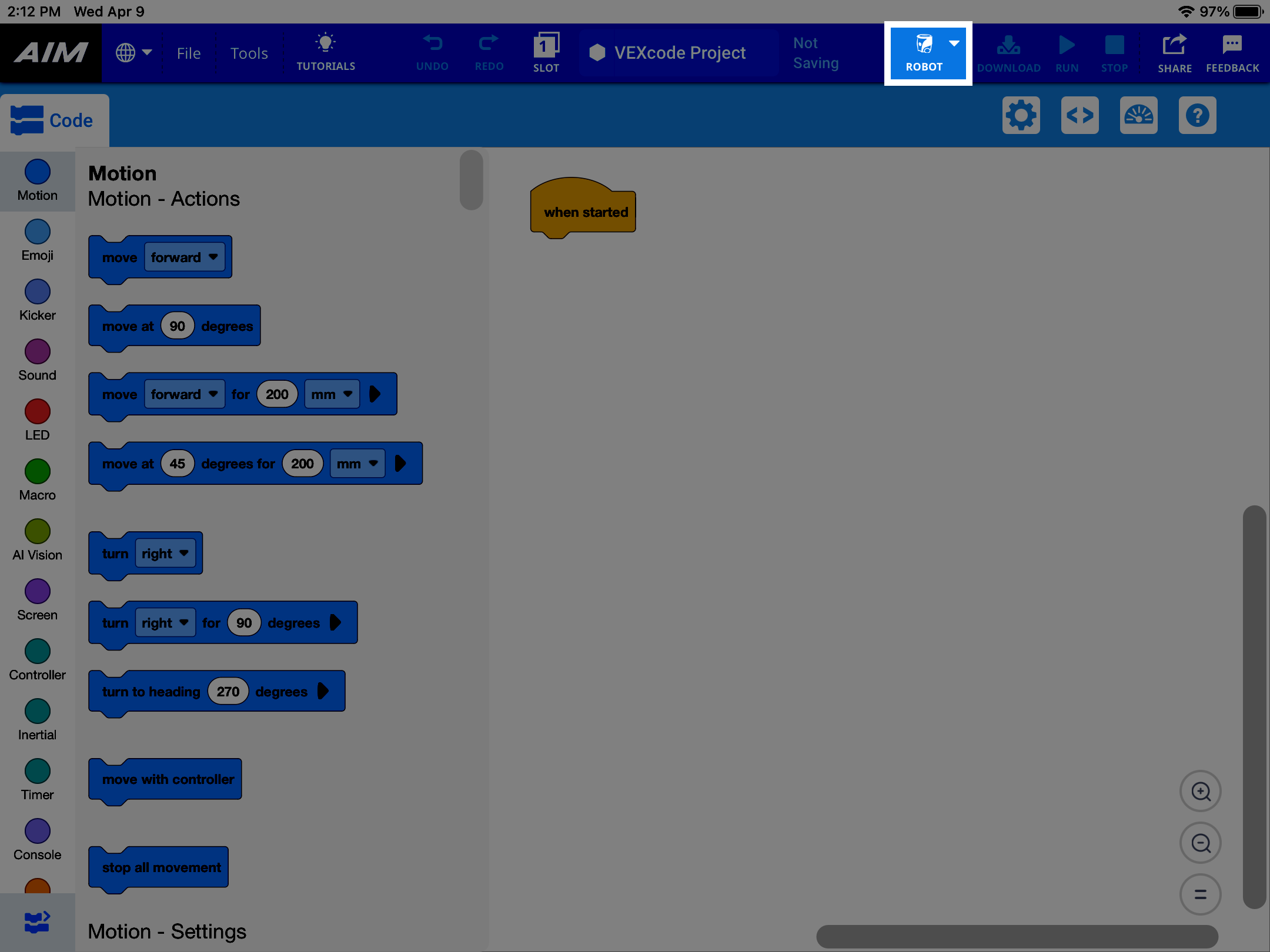 A VEXcode project with the Robot menu highlighted in the toolbar.
