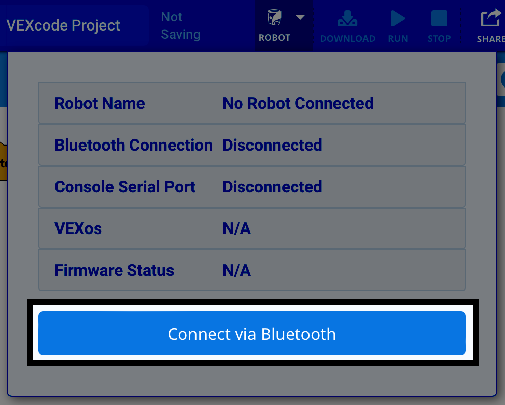 A connection status dialog showing no robot connected. A blue button labeled Connect via Bluetooth is highlighted at the bottom of the window.