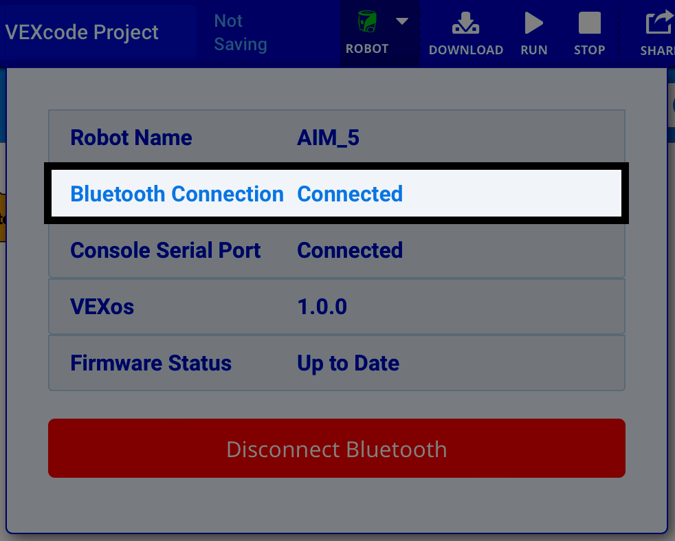 A connection status dialog showing that the robot AIM_5 is connected via Bluetooth, with the Bluetooth Connection status highlighted as Connected.