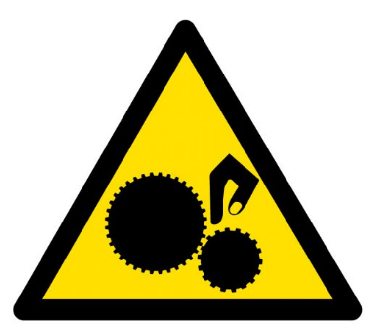 Yellow hazard symbol with a diagram of a hand being pinched by two gears.