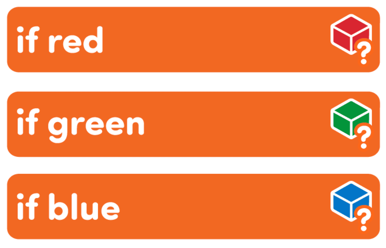 3 coder cards that are orange colored from top to bottom reading if red, if green, if blue.