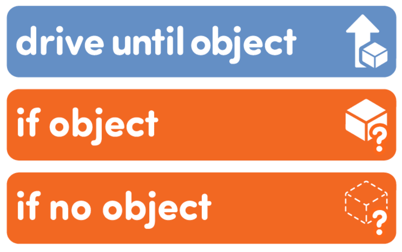 3 coder cards vertically stacked. The first is blue and reads drive until object The bottom two are orange and read if object and if no object.