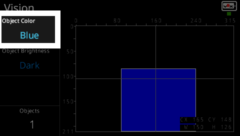 The Vision Sensor interface updated with Object Color changed to Blue, which is highlighted with a white border. A large blue rectangle is now displayed on the graph. The detected object is at coordinates CX 165, CY 148, width 150, and height 126.