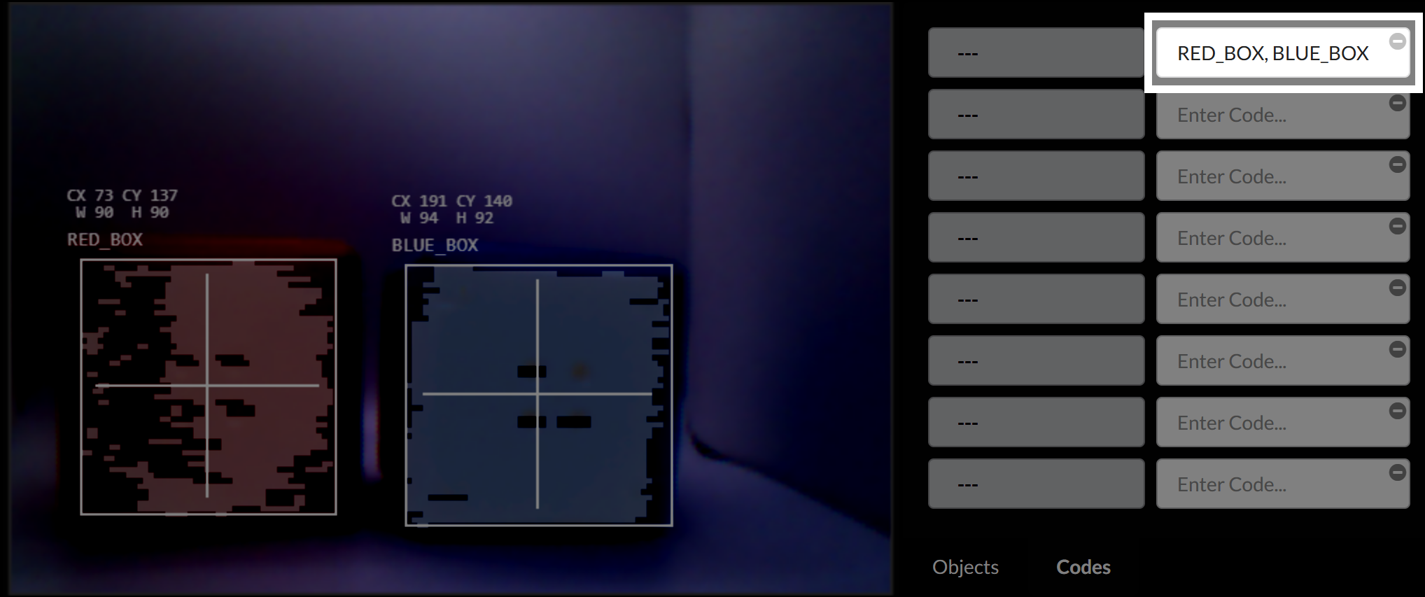 The Codes tab is now active. The same red and blue cubes are detected on the left, with RED_BOX and BLUE_BOX labels. On the right panel, the top row shows a grouped code with both names: RED_BOX, BLUE_BOX. Below it are empty code input fields labeled Enter Code.