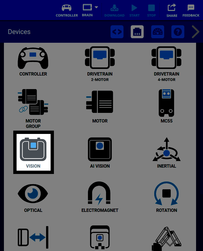 The Devices menu in VEXcode V5 shows a grid of icons representing available devices. The Vision Sensor icon is highlighted with a white border in the lower left quadrant. Other devices shown include Controller, Drivetrain 2-Motor, Drivetrain 4-Motor, Motor, Motor Group, AI Vision, Inertial, Optical, Electromagnet, and Rotation.