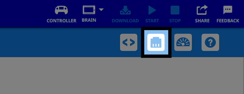 The Devices tab is selected in the VEXcode interface, indicated by a highlighted icon resembling a port hub. It is located among other toolbar icons for Controller, Brain, Download, Start, Stop, Share, and Feedback.