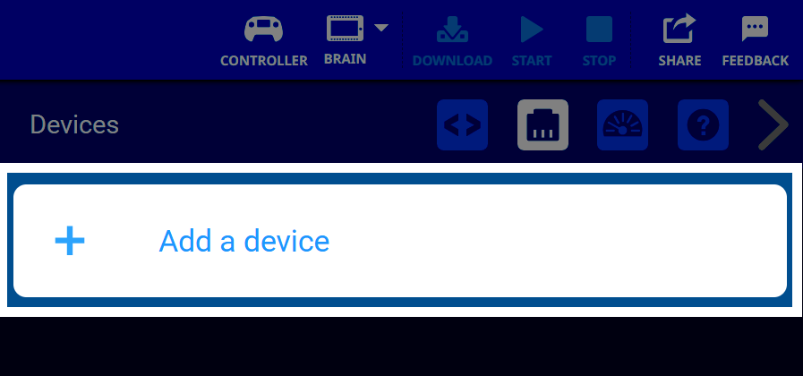 The Devices panel displays a large white button labeled Add a device with a blue plus sign icon, indicating the user can begin adding a new device to their configuration.