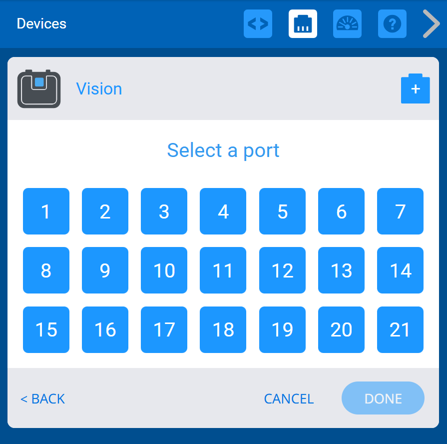 The port selection screen for the Vision Sensor shows a grid of numbered blue squares from 1 to 21, allowing the user to select the port on the V5 Brain where the Vision Sensor is connected. The DONE button is visible at the bottom.