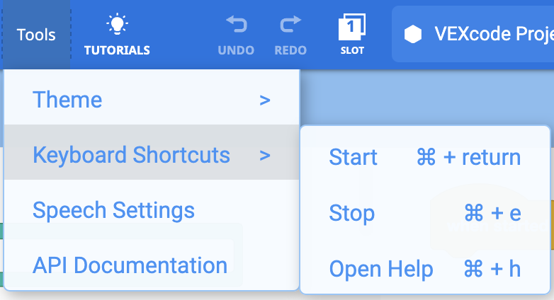 VEXcode IQ Mac Toolbar with the Tools dropdown menu open and the Keyboard Shortcuts option selected. The available Keyboard shortcuts are shown in a second dropdown menu to the right, with 3 options that read Start, Stop, and Open Help. Each option has a corresponding keyboard hotkey. The Start hotkey is the Command key with the Return key, the Stop hotkey is the Command key with the E key, and the Open Help hotkey is the Command key with the H key.