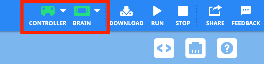 VEXcode IQ Toolbar with a green Controller icon next to a green Brain icon. The two icons are highlighted together.