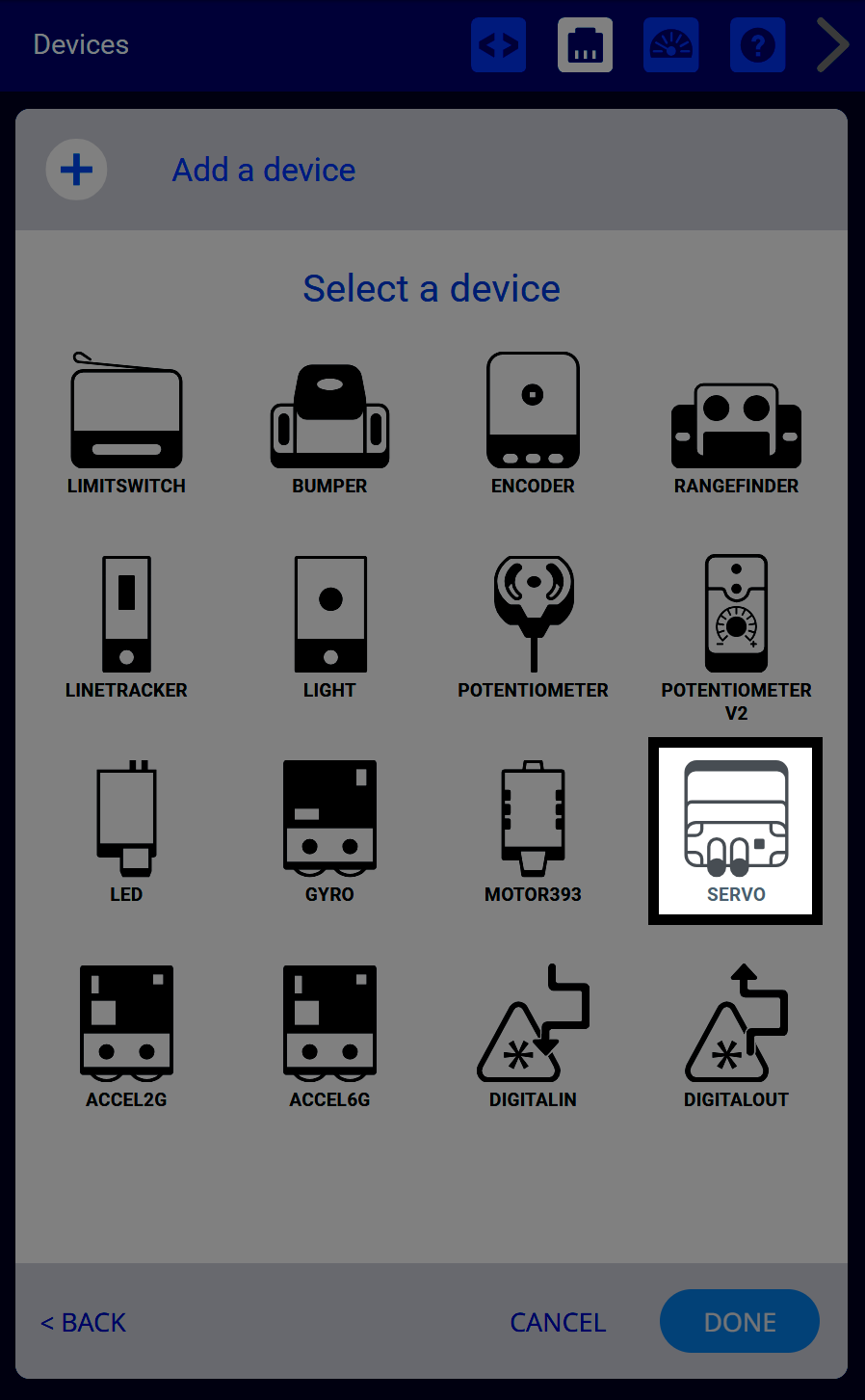 VEXcode V5 Devices menu after the 3-Wire option has been selected. The Servo option is highlighted.