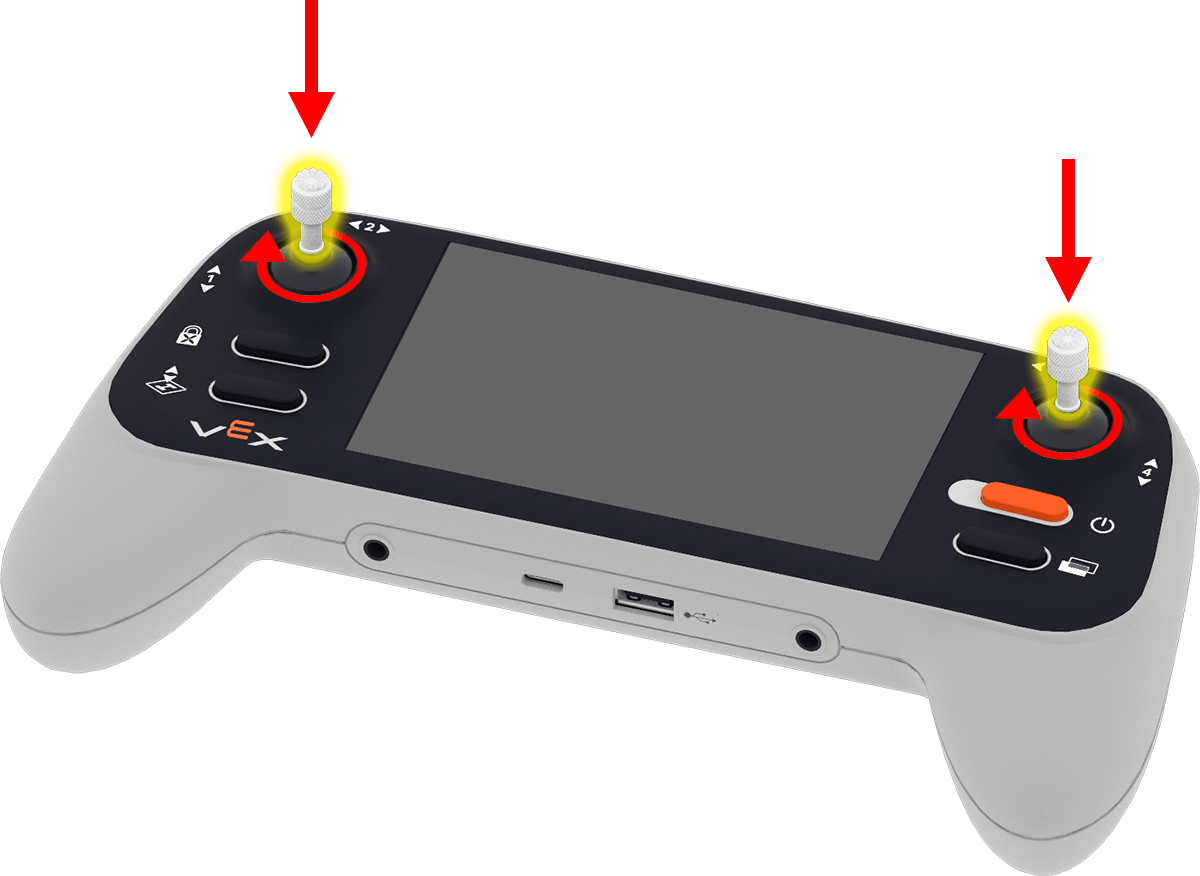 Diagram shows the two joysticks being screwed into their holders on the front of the controller. There is one joystick holder on each side of the controller's screen, and an arrow indicates that they should be screwed in clockwise.