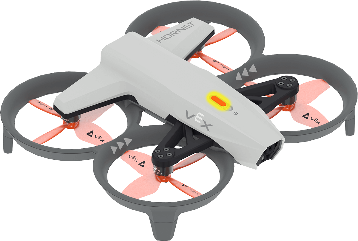 Angled view of the Hornet from above, with its power button highlighted. The power button is on the top of the Hornet's frame and near the front.