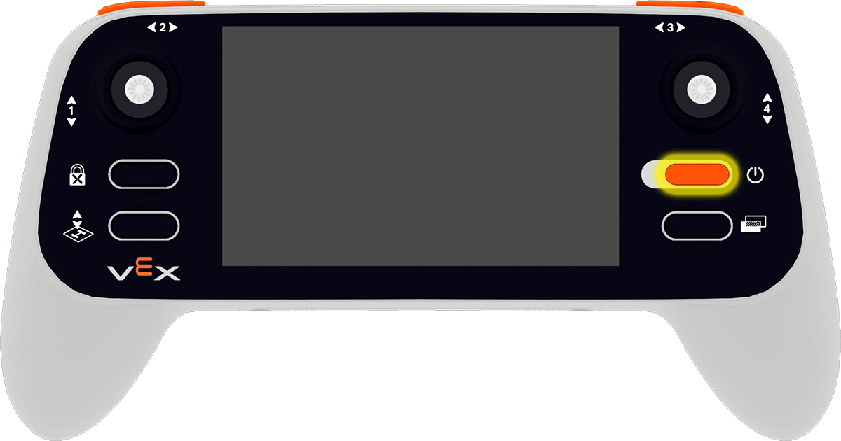 Controller with its Power button highlighted to the right of the screen.