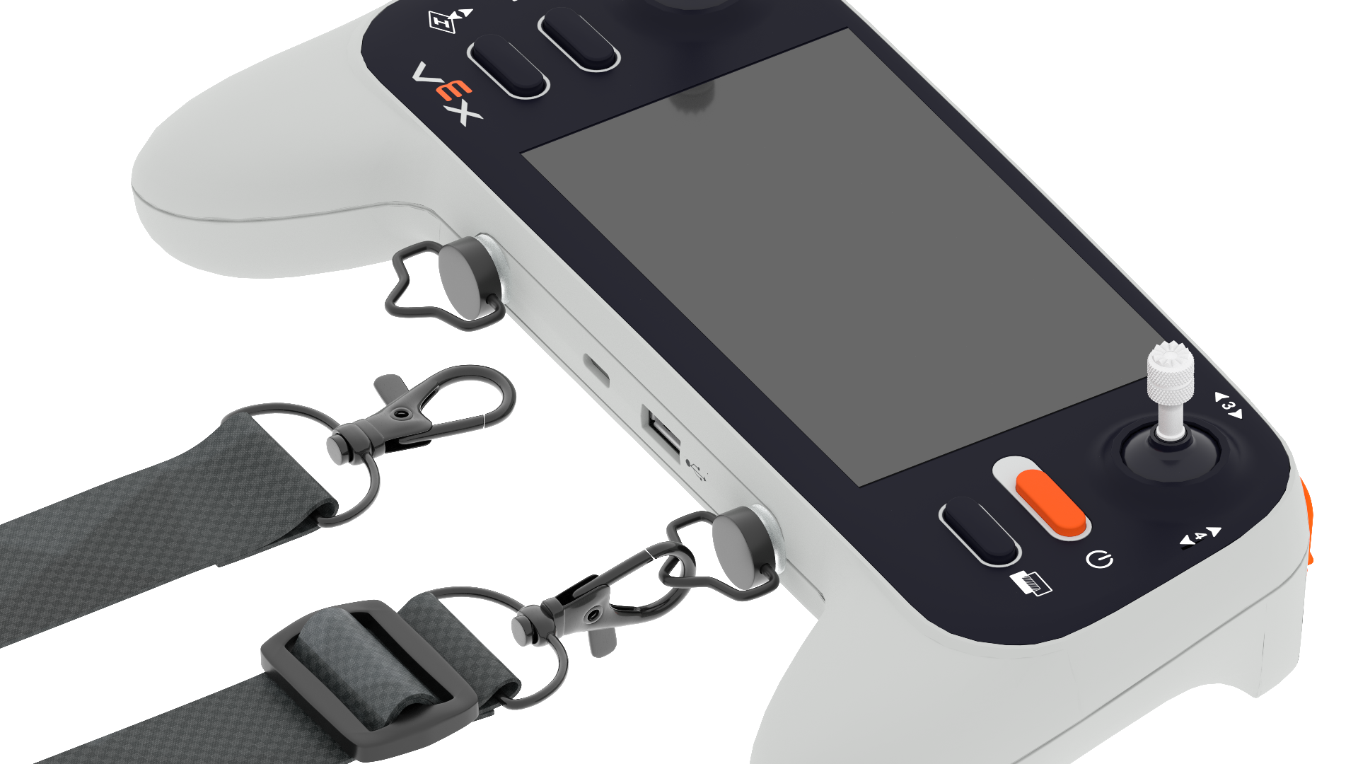Lanyard clips are shown attaching to the lanyard pins on the Controller.