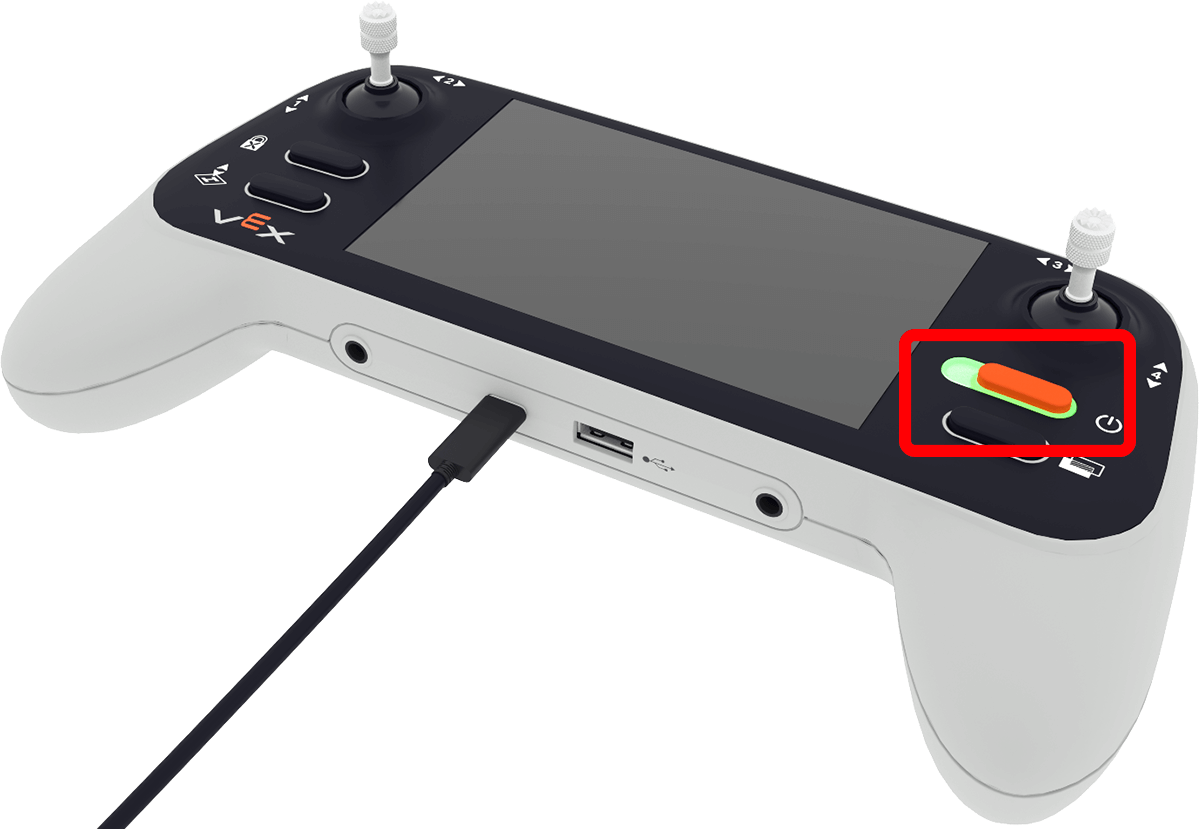 Controller with its LED indicator light highlighted and glowing green.