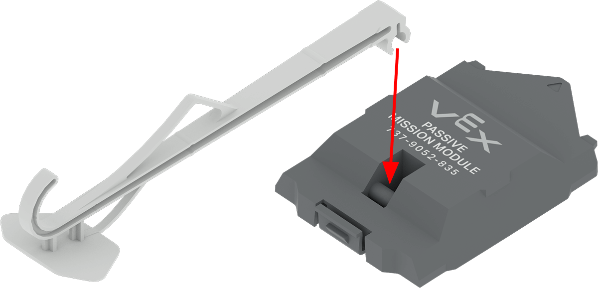 Diagram showing how the Passive Mission Module's hook is attached. An arrow indicates that the hook has a clip that fits onto a bar inside the module itself.