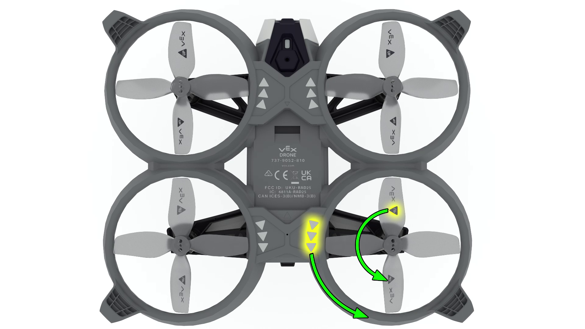 Top-down view of a Hornet showing all four propellers in gray. Two of the propellers are highlighted with yellow indicators, and green arrows indicate their direction of rotation.
