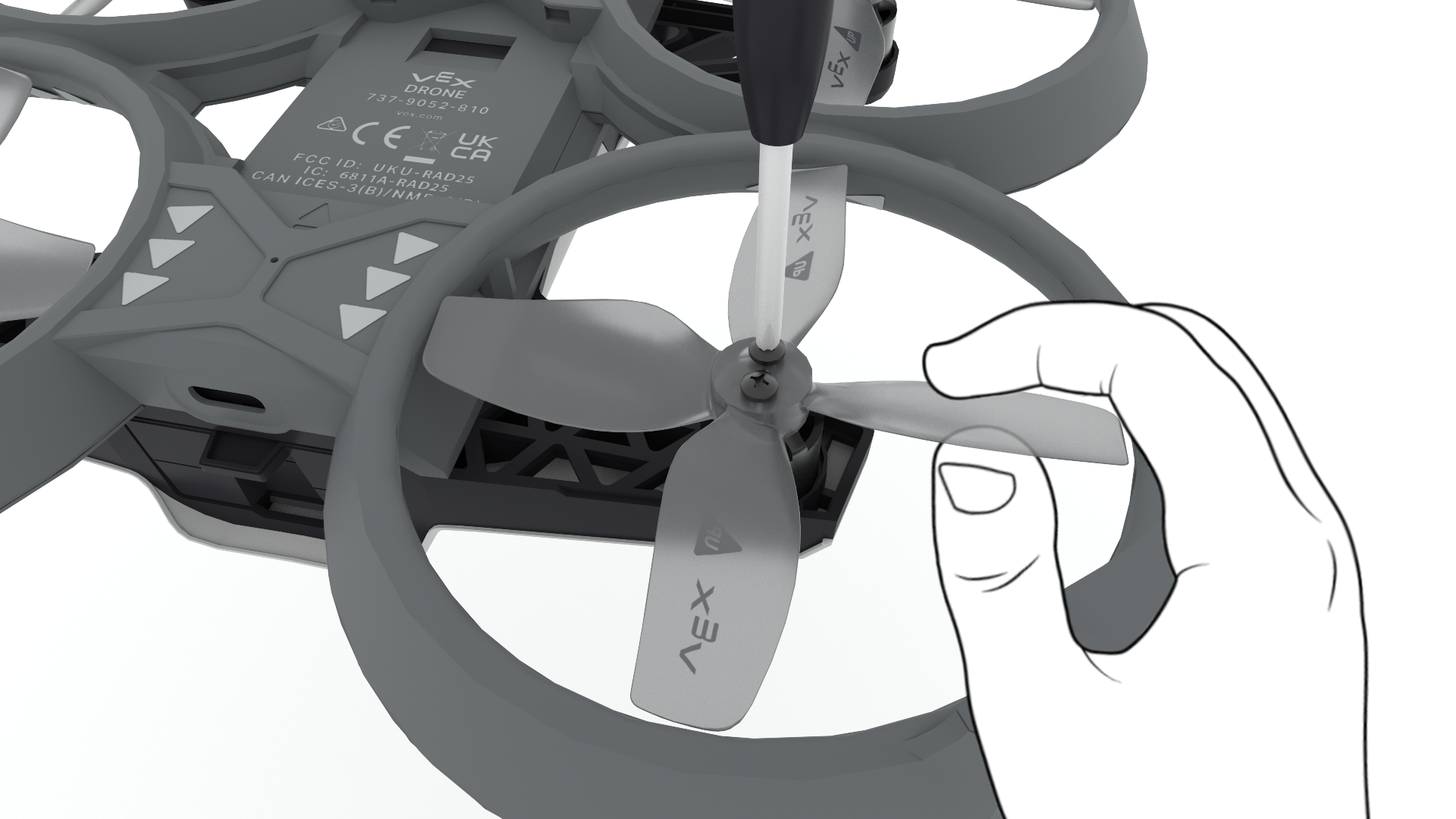 Illustration showing a hand securing a gray Hornet propeller using a screwdriver.