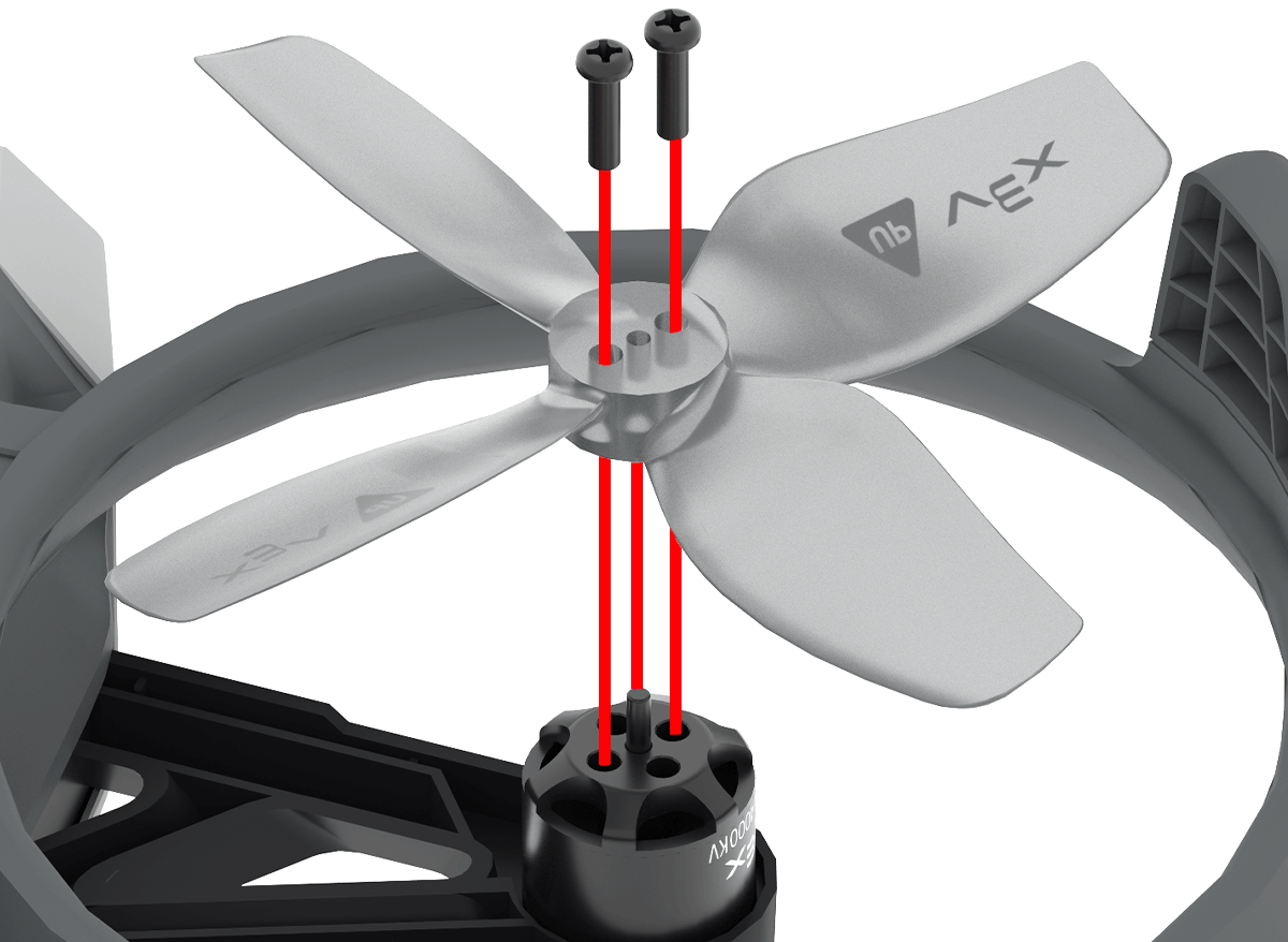 Close-up view of a Hornet’s propeller mount. Two screws are shown aligned above the propeller with red guide lines, indicating their insertion points into the motor shaft for secure attachment.