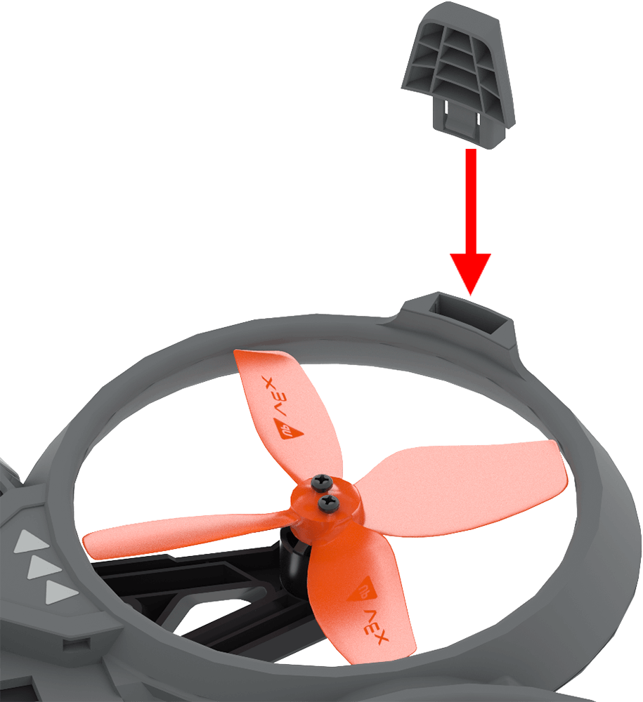 Illustration of a Hornet's landing foot being reattached. A red downward arrow shows the foot being aligned and inserted into its slot on the Hornet's frame.