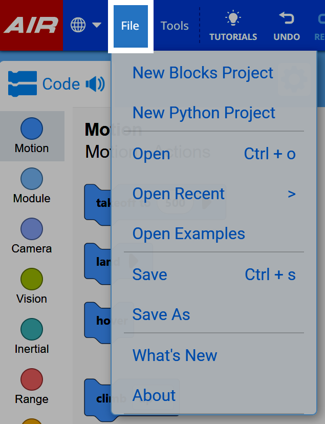 Dropdown menu from the File tab in VEXcode AIR. The menu options include New Blocks Project, New Python Project, Open, Open Recent, Open Examples, Save, Save As, What’s New, and About. The File button is highlighted with a white border.