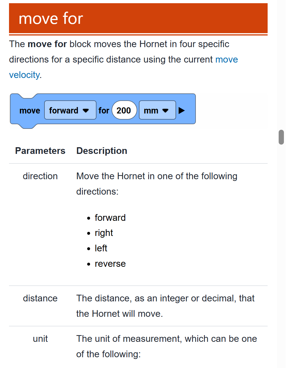 Close-up of the help documentation for the move for block in VEXcode. It explains the block's function and includes a parameter table for direction, distance, and unit, describing movement options like forward, right, left, and reverse.