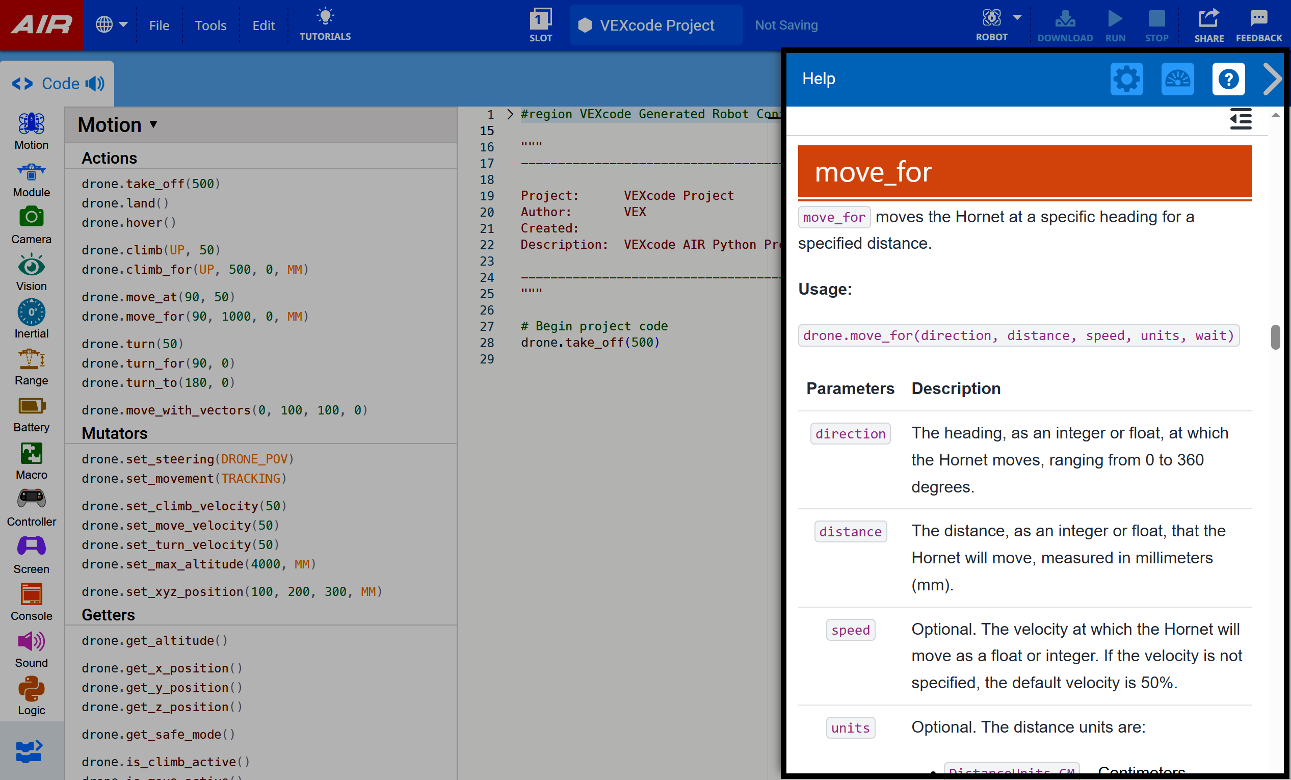 The VEXcode Python interface is displayed alongside the help sidebar, which provides usage information for the move_for command. The help section describes each parameter including direction, distance, speed, and units with their expected values.