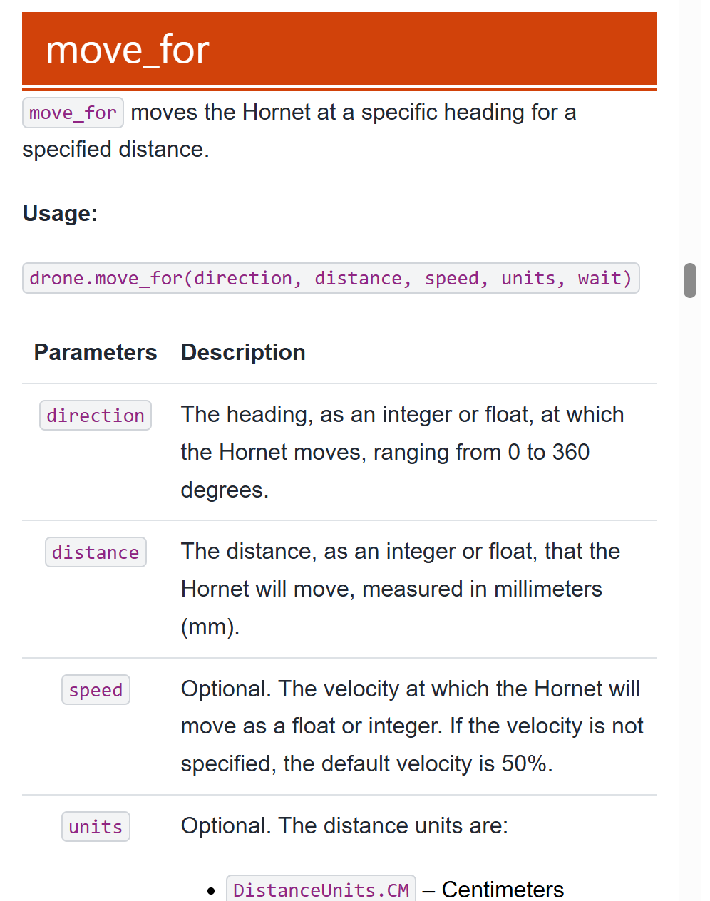 Close-up of the VEXcode Python help section for the move_for command. The parameters are explained in detail, including definitions for direction, distance, speed, and units.