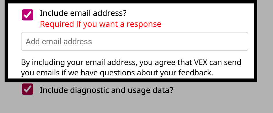 Feedback form section showing the Include email address checkbox selected. The accompanying email input field is empty. Below it is a second checked option labeled Include diagnostic and usage data.