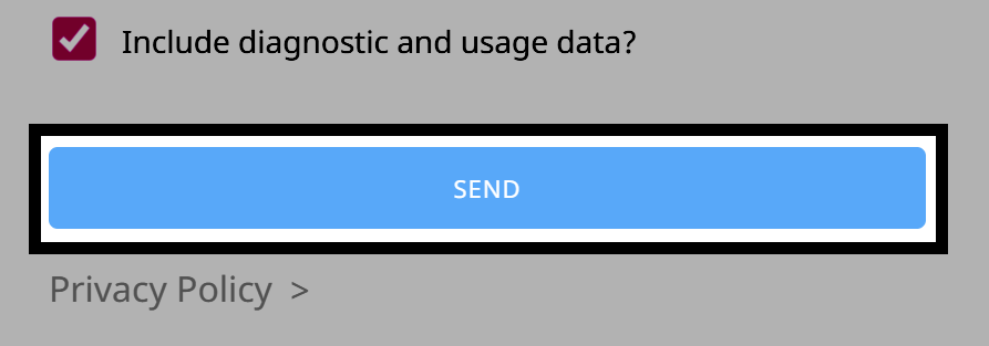 The Send button at the bottom of the feedback form is highlighted with a black border. The button is blue with white text and appears below the diagnostic data checkbox.