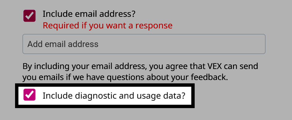 The Include diagnostic and usage data checkbox in the feedback form is highlighted with a black border. The checkbox is selected with a pink checkmark.