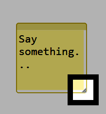 Yellow note block in VEXcode displaying the placeholder text Say something. The note has a resize handle in the bottom-right corner, which is outlined in black.