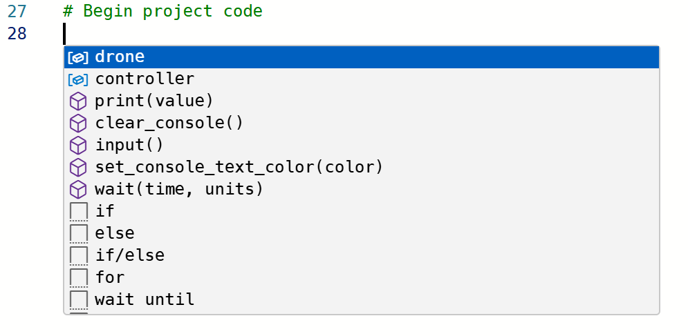 Full autocomplete menu showing drone, controller, and available commands like print and wait