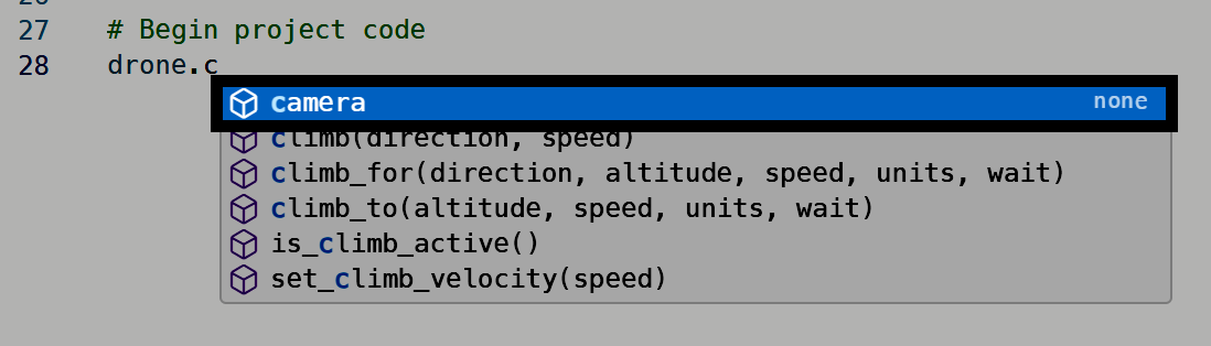 Autocomplete showing drone camera object with available climb functions and states.