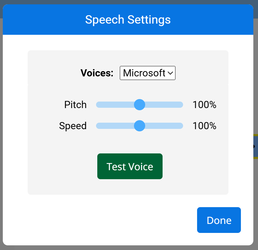 Speech Settings popup in VEXcode with dropdown for voice selection set to Microsoft, pitch and speed sliders both at 100 percent, Test Voice button in green, and Done button in blue