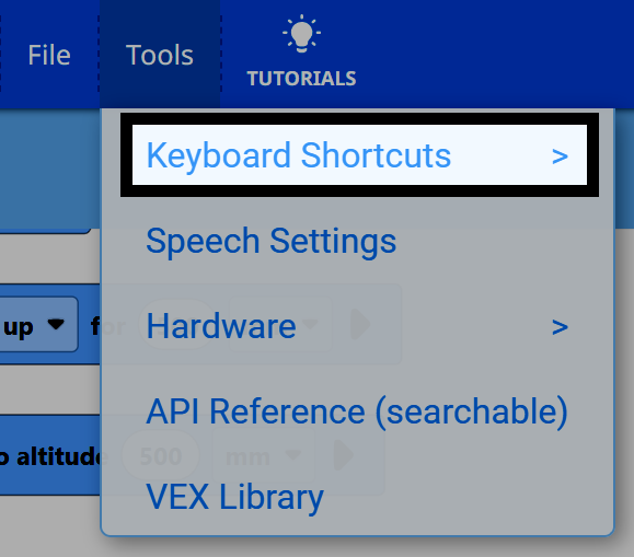 Expanded Tools menu in VEXcode showing options Keyboard Shortcuts, Speech Settings, Hardware, API Reference (searchable), and VEX Library; Keyboard Shortcuts is highlighted