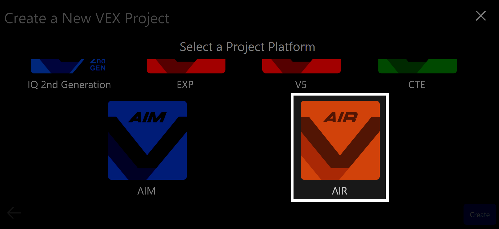 Create a New VEX Project screen showing six project platform options: IQ 2nd Generation, EXP, V5, CTE, AIM, and AIR; the AIR platform is highlighted with a white border, indicating it is currently selected.