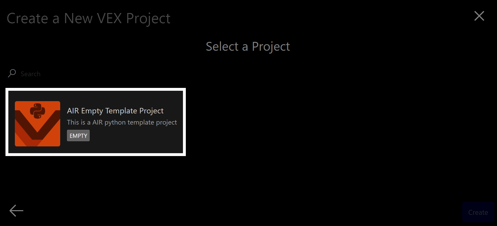 Create a New VEX Project screen showing project selection for the AIR platform; AIR Empty Template Project is selected with a Python icon, description stating This is a AIR python template project, and a gray EMPTY label displayed below the description