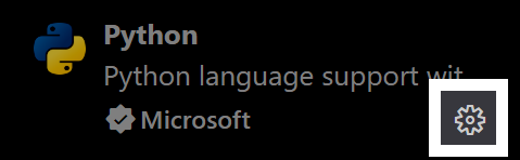 Visual Studio Code extension listing for Python, showing the Python logo, title Python, a description beginning with Python language support wit, and Microsoft as the publisher with a verified checkmark badge; a gear icon for extension settings is highlighted on the right side