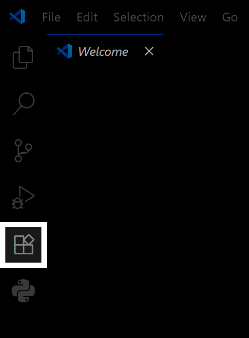Visual Studio Code sidebar with the Welcome tab open; vertical activity bar on the left highlights the Extensions icon near the bottom, which is a square with a smaller diamond shape at the top-right; icons above include Explorer, Search, Source Control, Run and Debug, and Testing; Python icon is dimmed below the highlighted Extensions icon