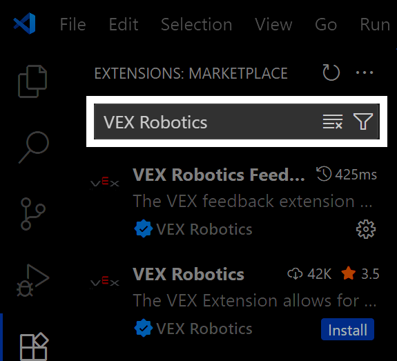 Visual Studio Code Extensions Marketplace panel with search bar containing the text VEX Robotics; filter and sort icons are displayed to the right of the search bar; below are results including VEX Robotics Feedback and VEX Robotics extensions by VEX Robotics, showing publisher badge, install options, star ratings, and download counts