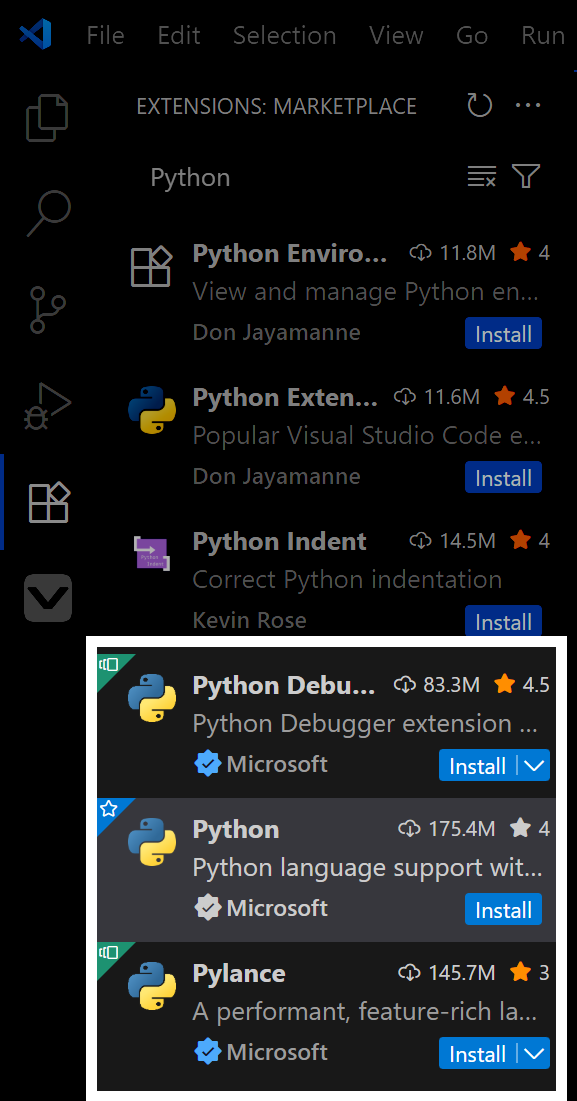 Visual Studio Code Extensions Marketplace panel showing search results for Python; includes multiple extensions such as Python Environment Manager by Don Jayamanne, Python Extension Pack, and Python Indent by Kevin Rose, each with Install buttons and star ratings; highlighted at the bottom are three Microsoft extensions—Python Debugger with 83.3M downloads and 4.5 stars, Python with 175.4M downloads and 4 stars, and Pylance with 145.7M downloads and 3 stars—all with Install buttons and Microsoft publisher tags