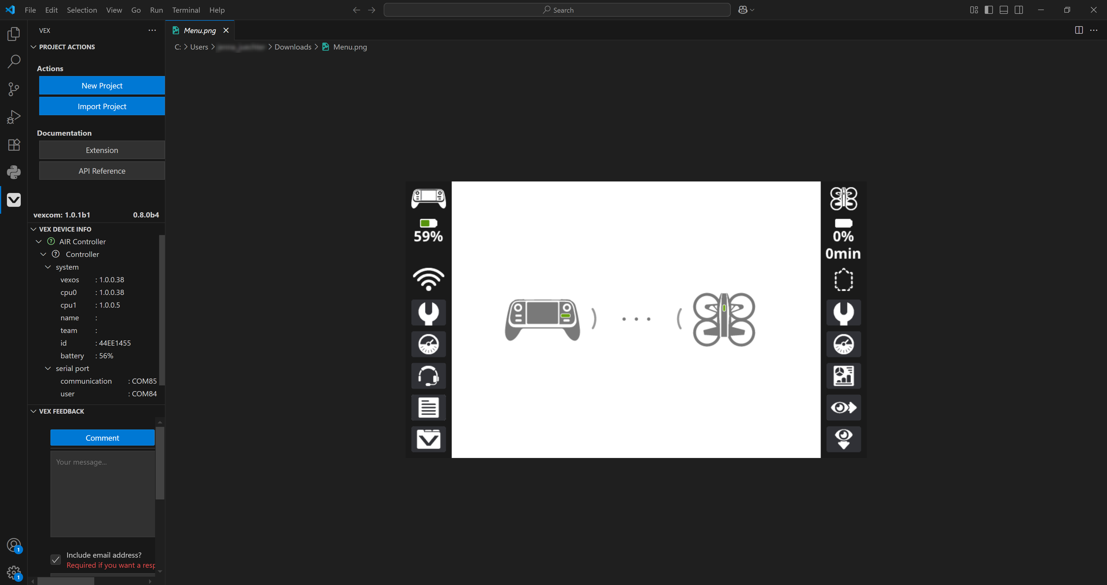 Visual Studio Code interface showing the VEX extension with PROJECT ACTIONS section on the left including New Project and Import Project buttons; below is a VEX DEVICE INFO panel displaying details for an AIR Controller such as firmware version, CPU info, team ID, and COM ports; the right side shows an open image file Menu.png with a visual representation of a controller wirelessly connecting to a drone, surrounded by various status icons including battery percentage, signal strength, tools, and camera options
