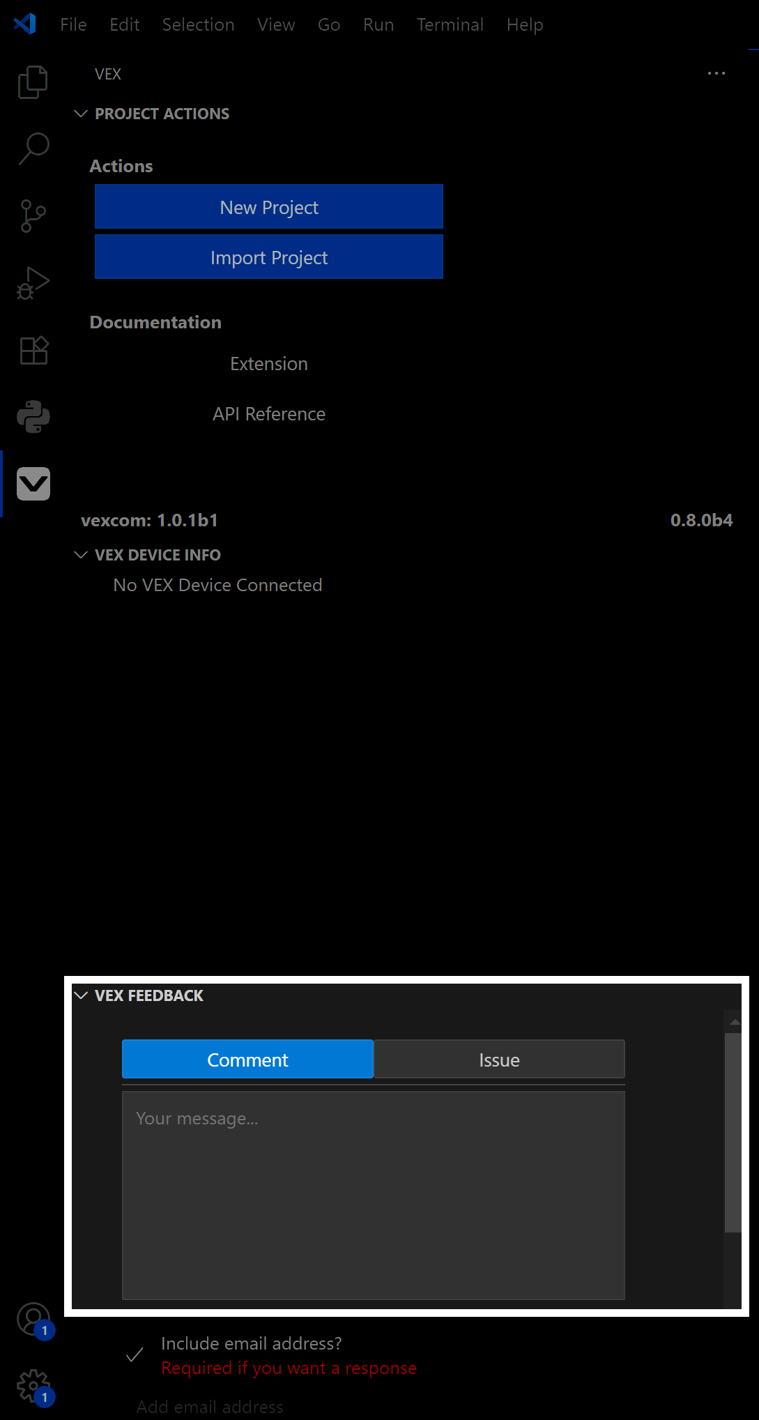 The VEX Robotics Extension has been opened and it shows options for creating and importing projects above and submitting feedback below. The VEX Feedback category is highlighted at the bottom of the extension menu.