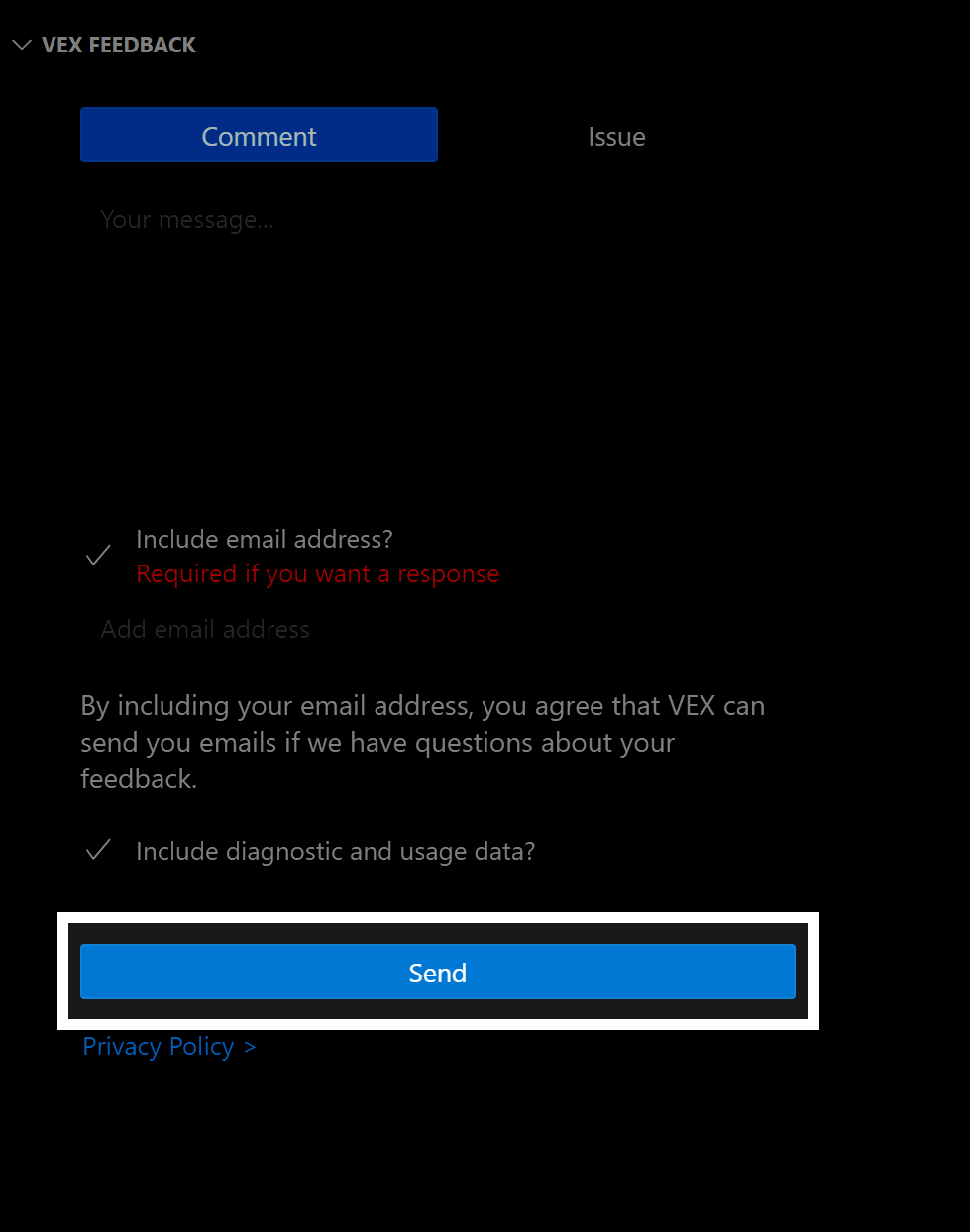 VEX Feedback section of the VEX Robotics Extension side menu. At the bottom of the feedback section there is a blue Send button that is highlighted.