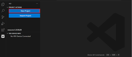 The VEX Robotics Extension has been selected and it shows options for creating and importing projects. The New Project button is highlighted.